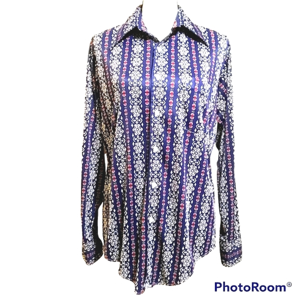 VINTAGE 1970s VAN HEUSEN VANKNIT BUTTON DOWN SHIRT FOLK ART PRINT 15 1/2 COLLAR